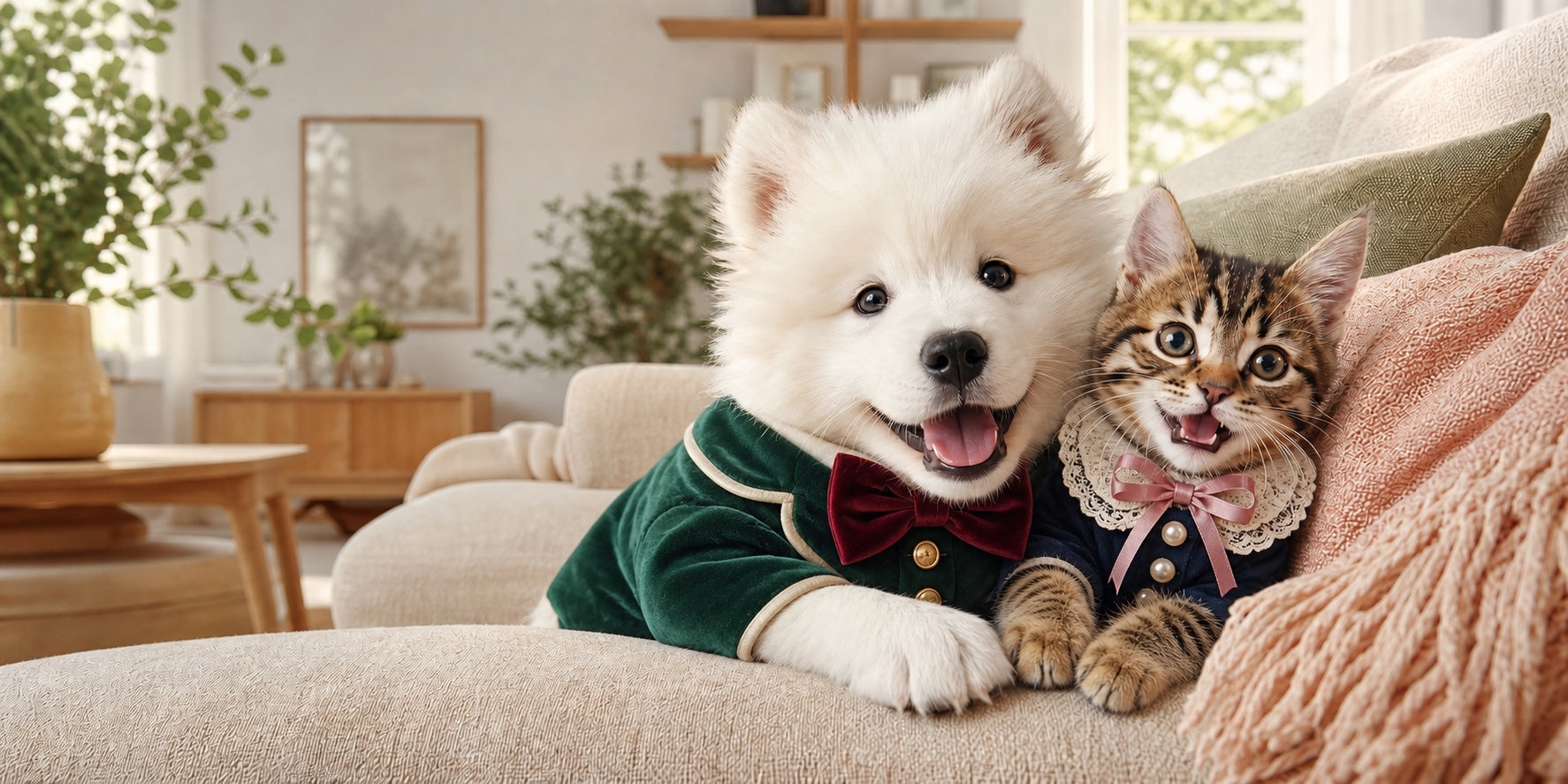 A happy Samoyed puppy and tabby kitten in elegant outfits cuddling in a sunlit family home