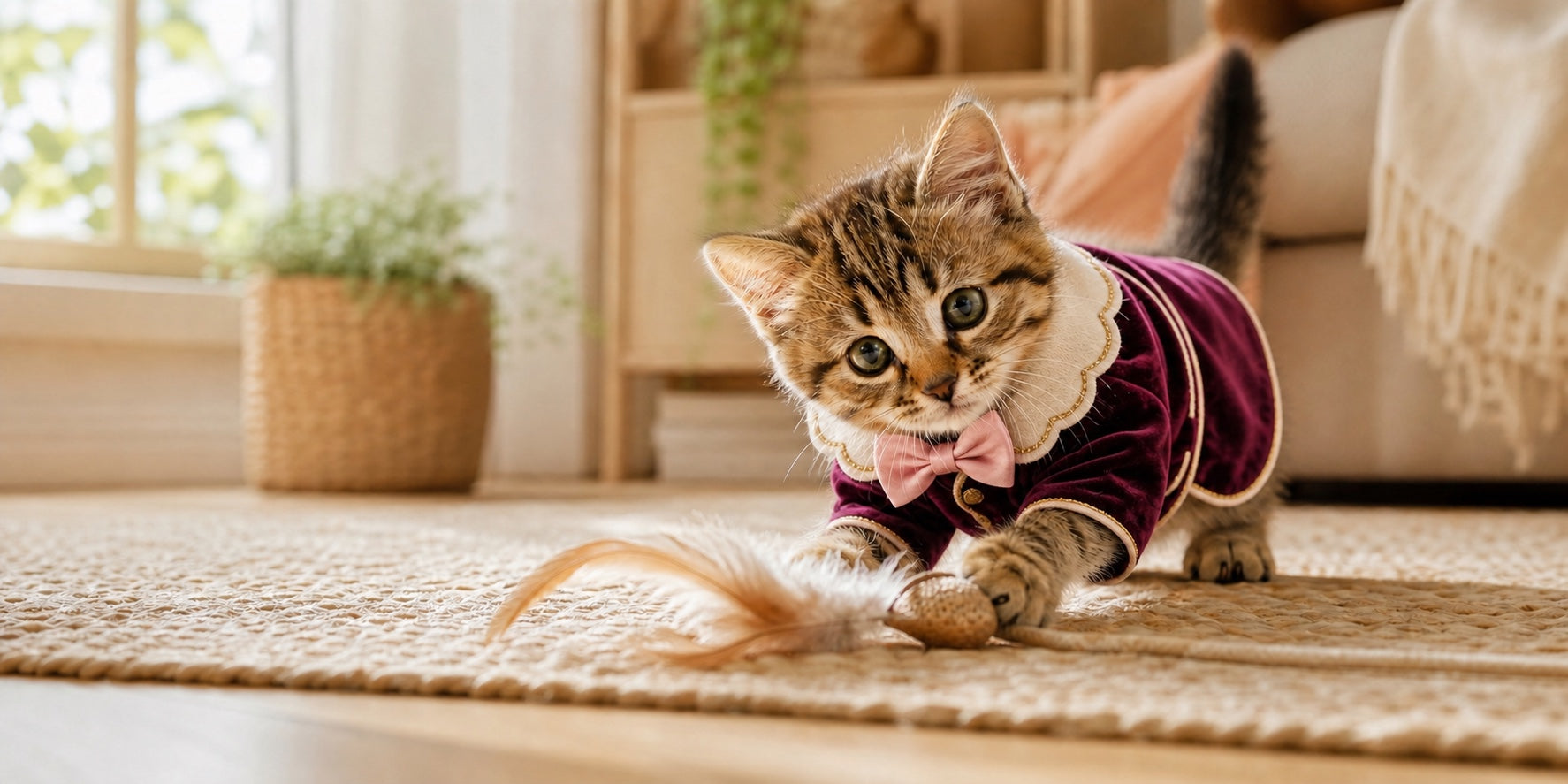 A playful tabby kitten in an elegant plum velvet outfit in a warm family home