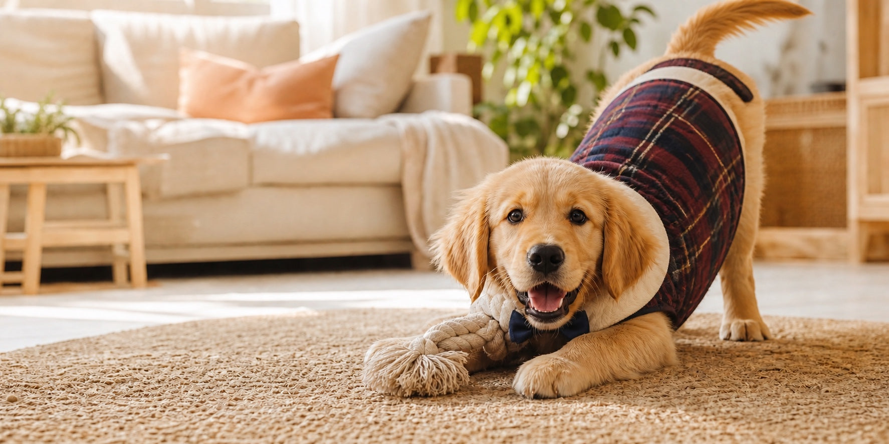 A happy golden retriever puppy playing in an elegant tartan coat in a warm family home