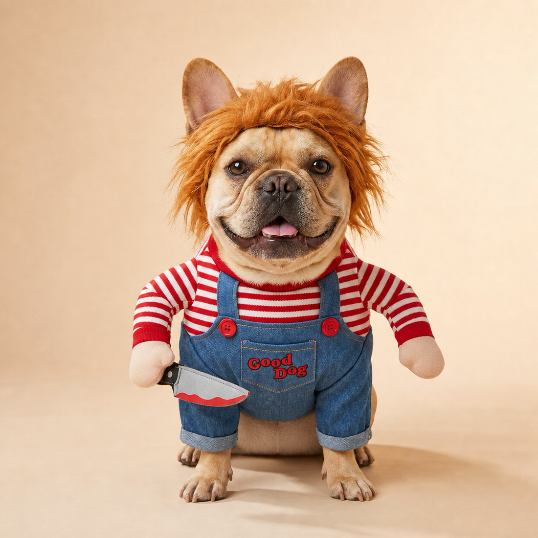Mischief Doll Pet Costume fit view on a dog