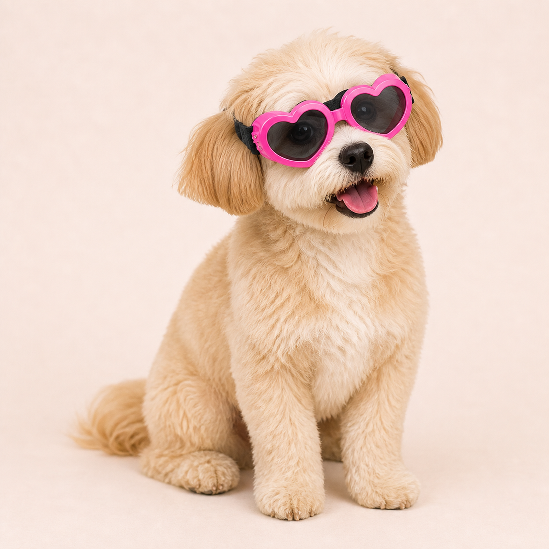 Sweetheart pink heart sunglasses worn by a dog