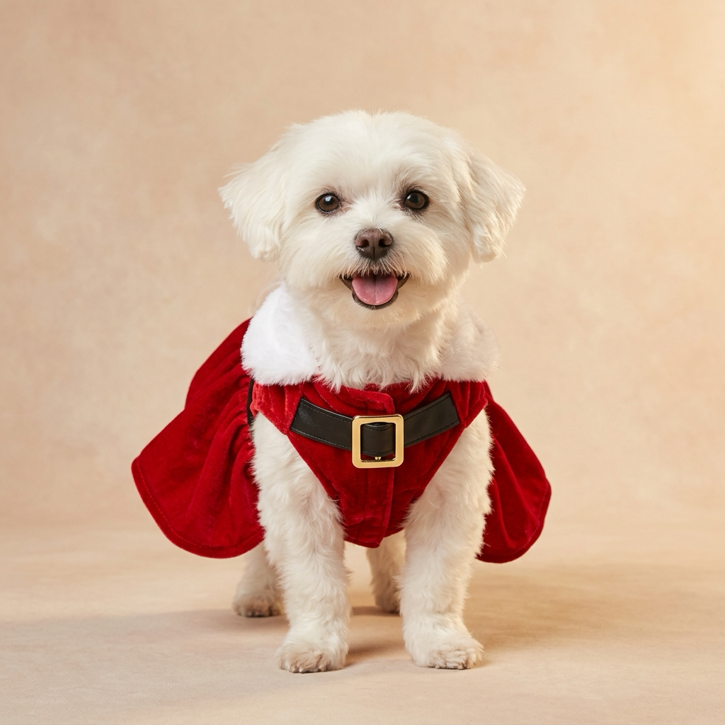 Small white dog wearing a red velvet Santa pet dress with gold buckle belt