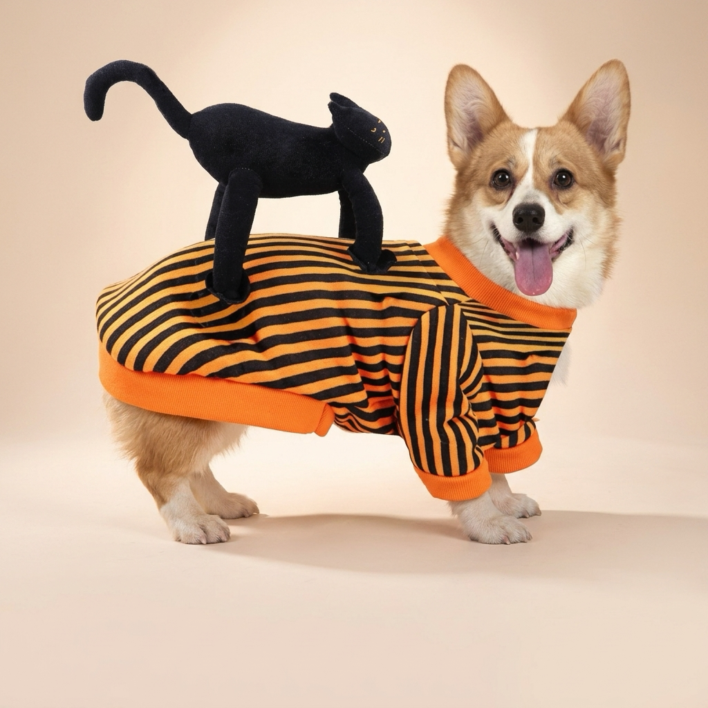 Corgi wearing an orange and black striped costume with a plush black cat on its back