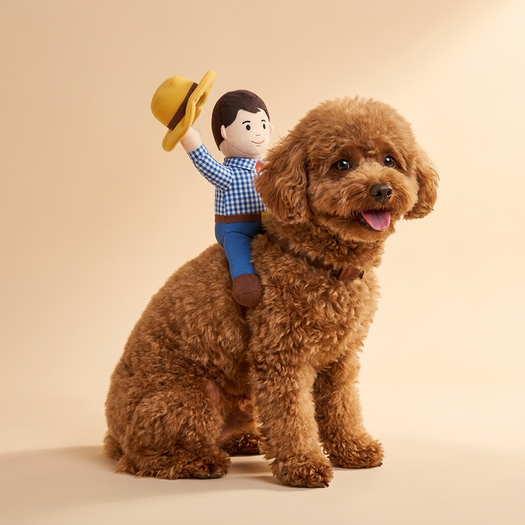 Brown toy poodle wearing a cowboy rider pet costume with a doll on its back