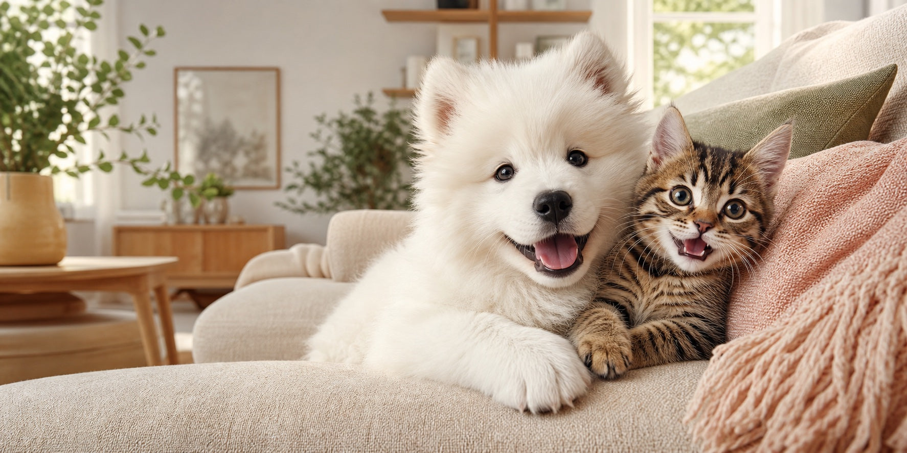 A happy Samoyed puppy and tabby kitten cuddling together in a sunlit family home