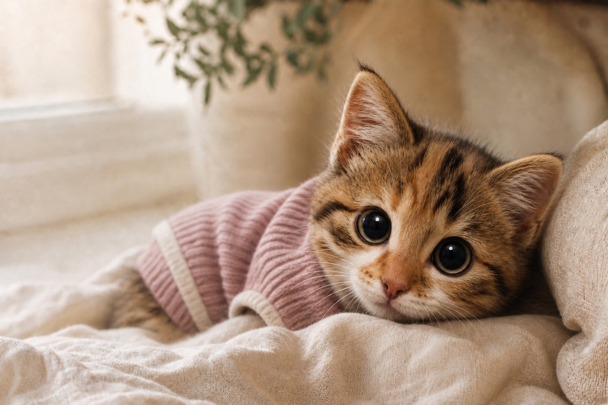 Cat wearing a soft Adori Pets sweater at home