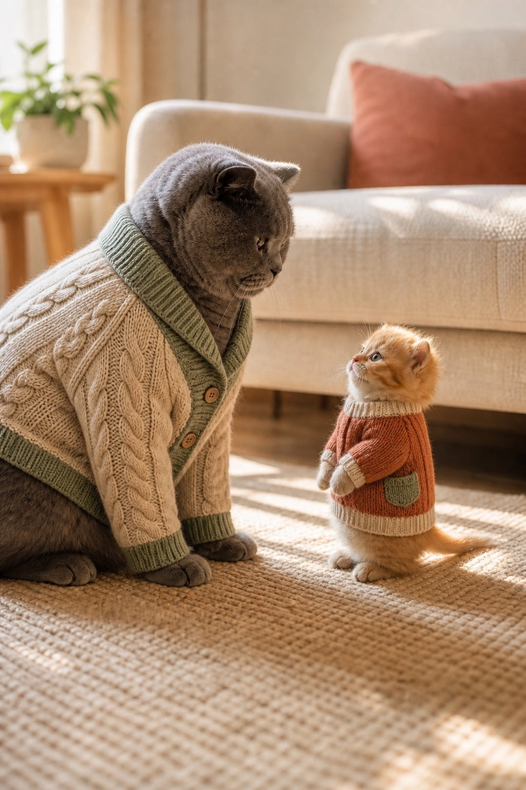 An adult grey cat and tiny ginger kitten in cozy coordinated knitwear in a warm family home