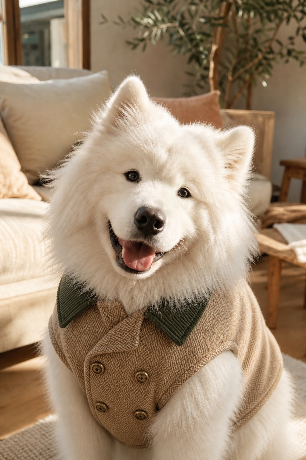 A happy Samoyed in a tailored camel herringbone coat relaxing in a warm family home